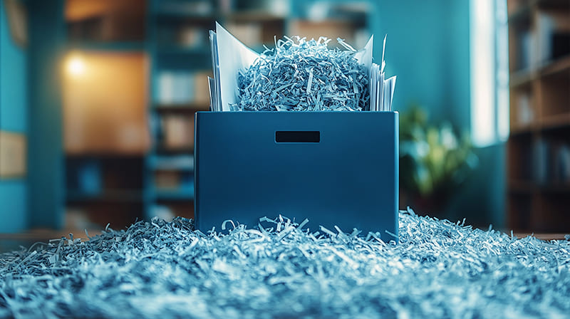 Bac de feuilles au milieu de bouts de papiers déchirés