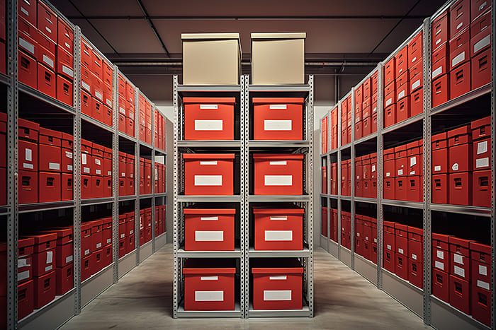 Étagères de stockages d'archives avec cartons rouges